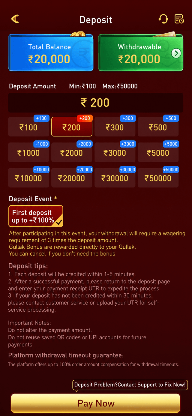 YY Game app screenshot — deposit screen with preset rupee amounts, first-deposit bonus banner and payment tips